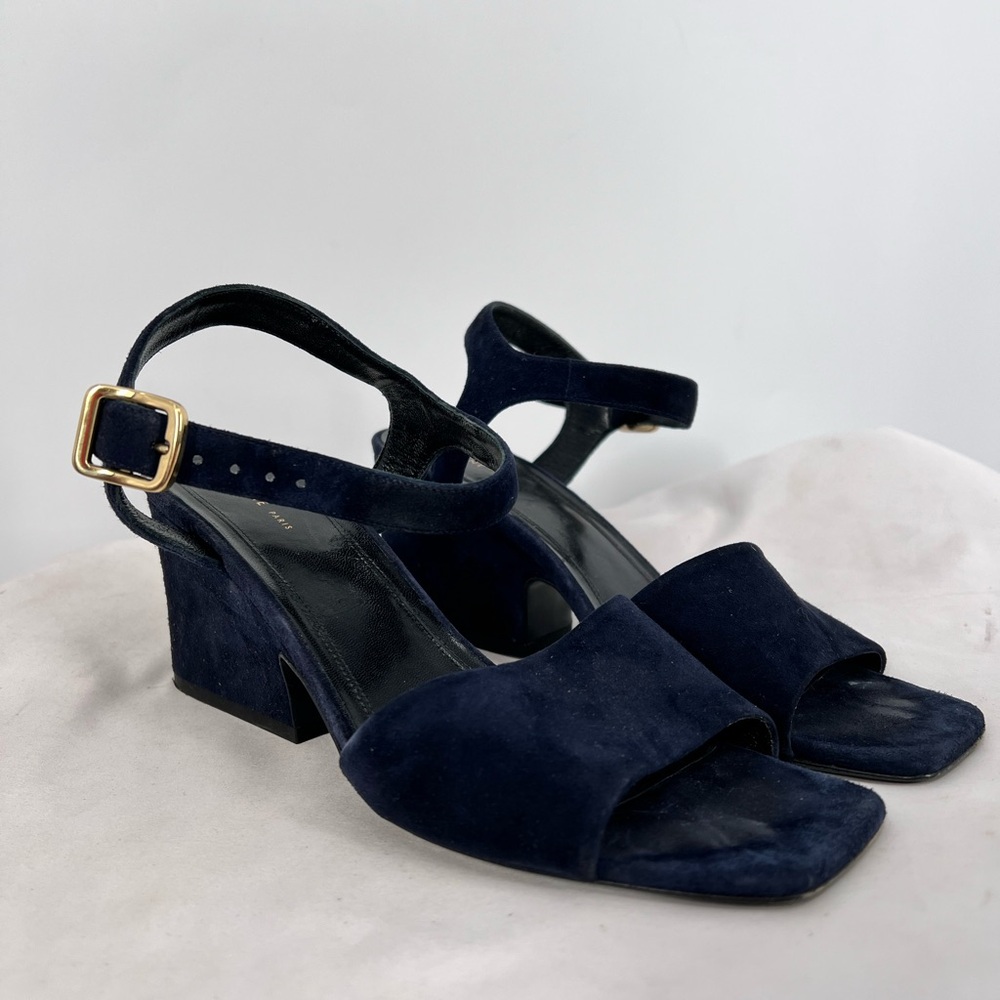 Celine Women's Navy Blue Suede Platform Block Heel Ankle Strap Sandals Size 37